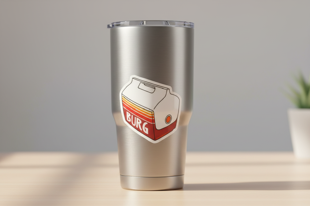 Cooler Shaped Sticker Variant 1 on a tumbler