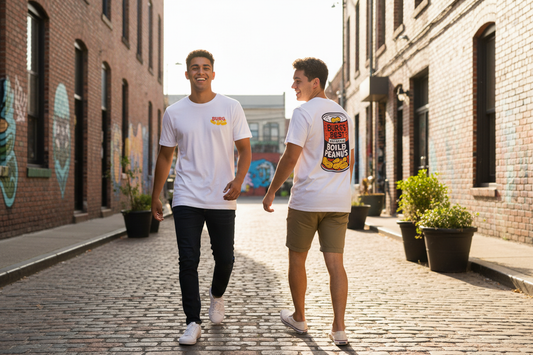 Two people showing front and back of Burg's Best Boiled Peanuts White Tee