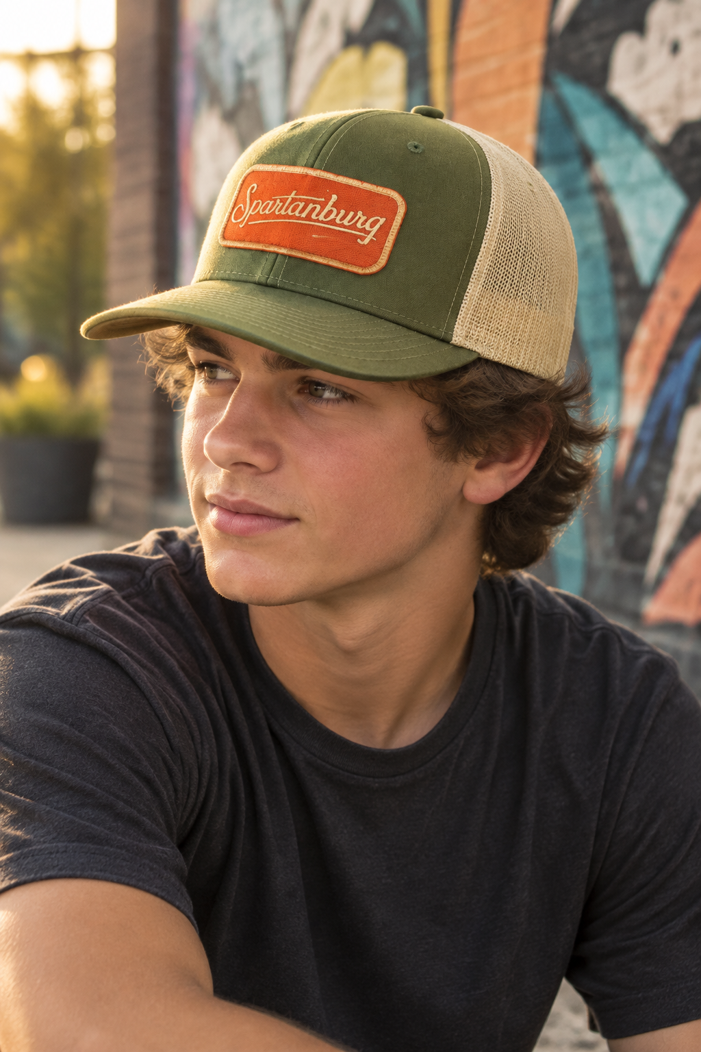 Teen model wearing the Spartanburg Yupoong trucker snapback hat outdoors